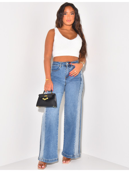 Wide-leg jeans with rhinestones on the sides