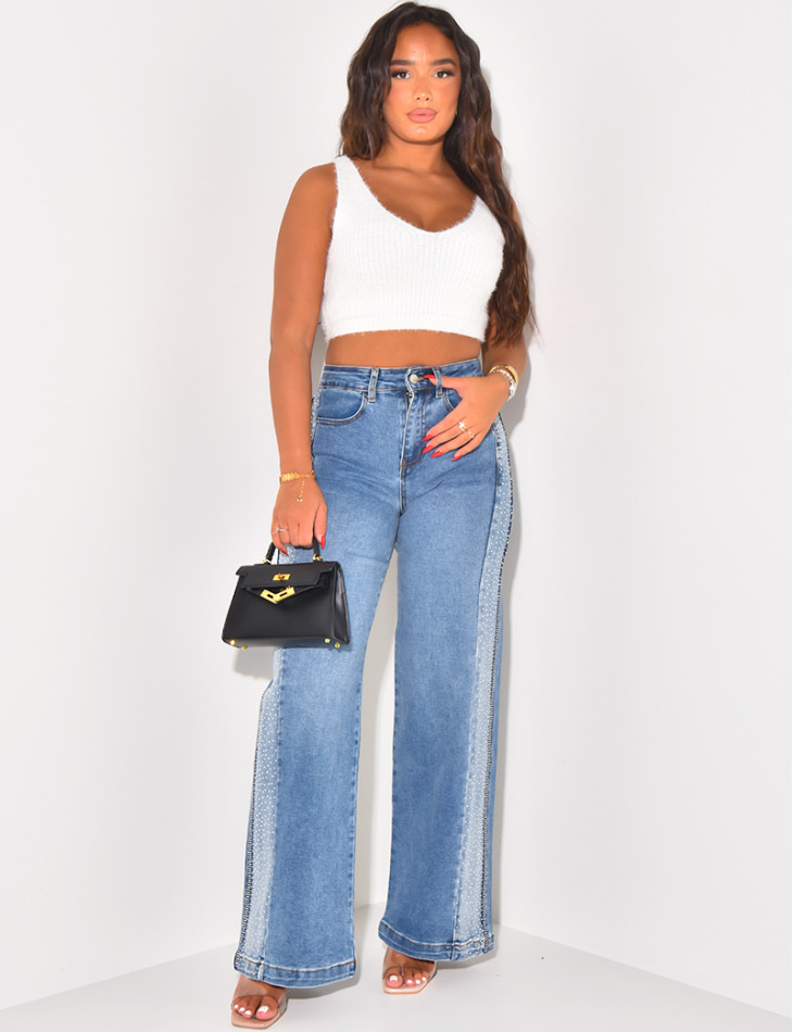 Wide-leg jeans with rhinestones on the sides
