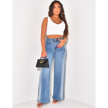 Wide-leg jeans with rhinestones on the sides
