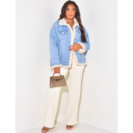 Oversized jacket in reversible denim with fur