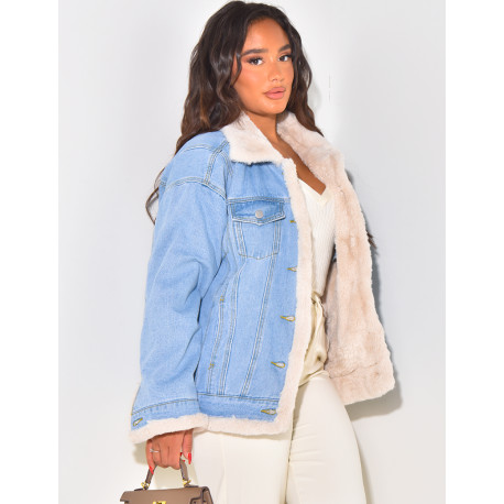 Oversized jacket in reversible denim with fur