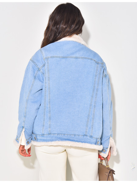 Oversized jacket in reversible denim with fur