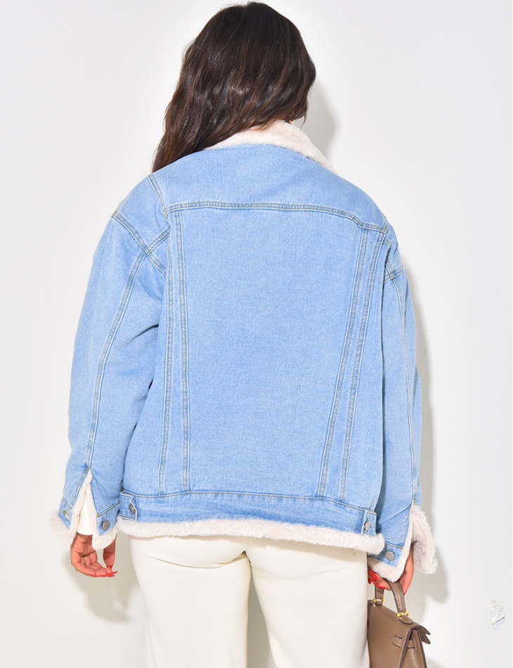 Oversized jacket in reversible denim with fur
