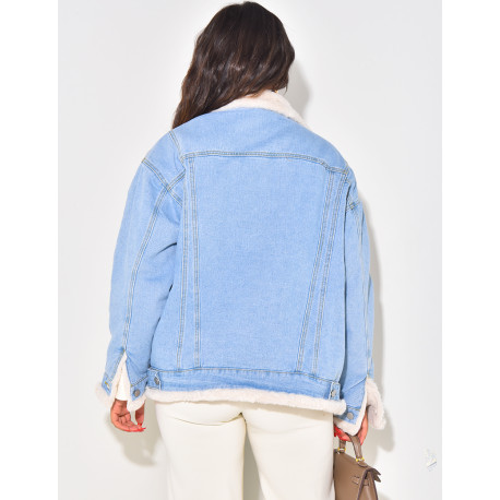 Oversized jacket in reversible denim with fur