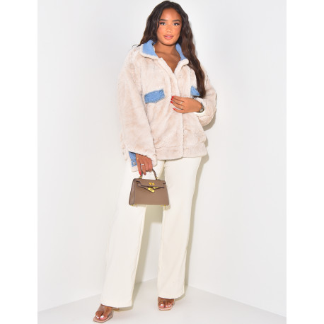 Oversized jacket in reversible denim with fur