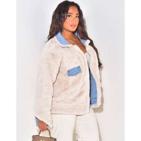 Oversized jacket in reversible denim with fur