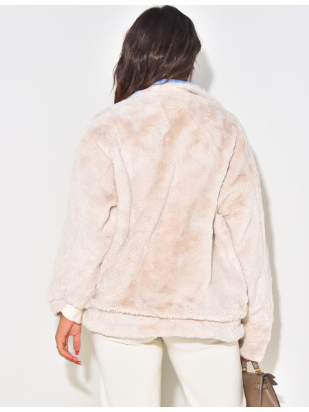 Oversized jacket in reversible denim with fur