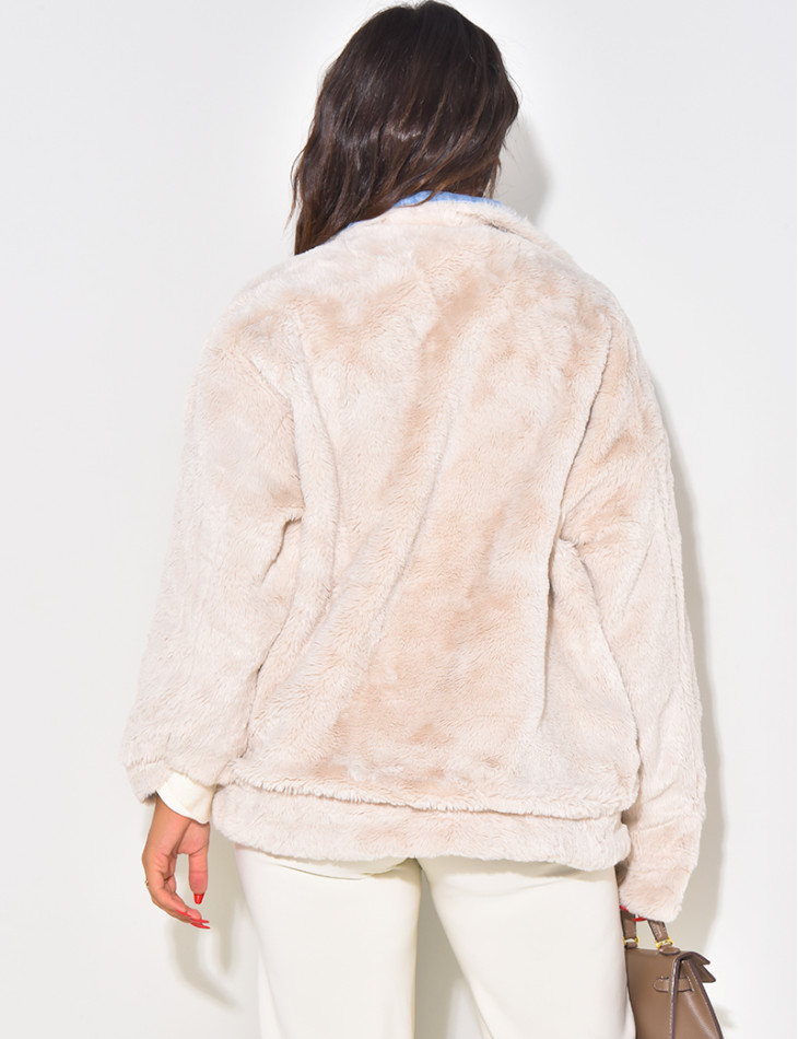 Oversized jacket in reversible denim with fur