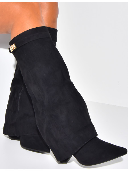 Suedette boots with square heels and flap