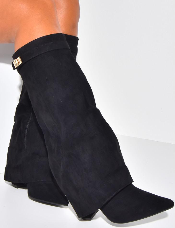 Suedette boots with square heels and flap