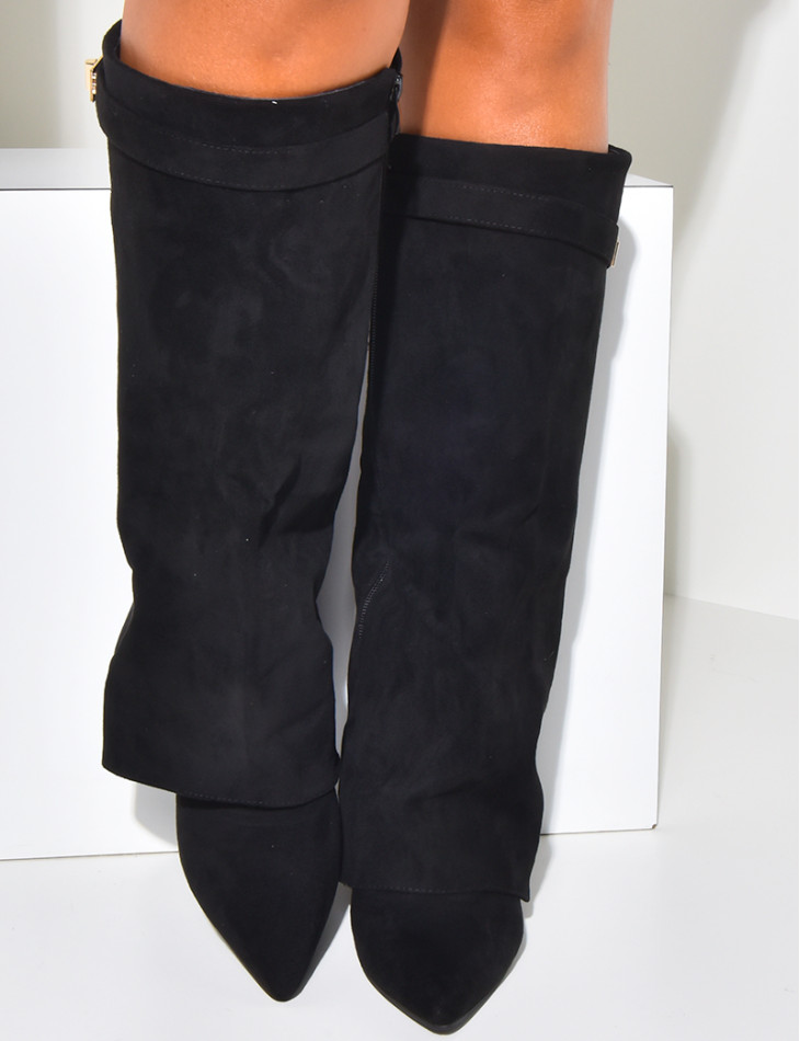 Suedette boots with square heels and flap