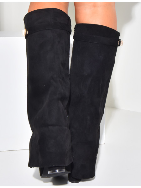 Suedette boots with square heels and flap