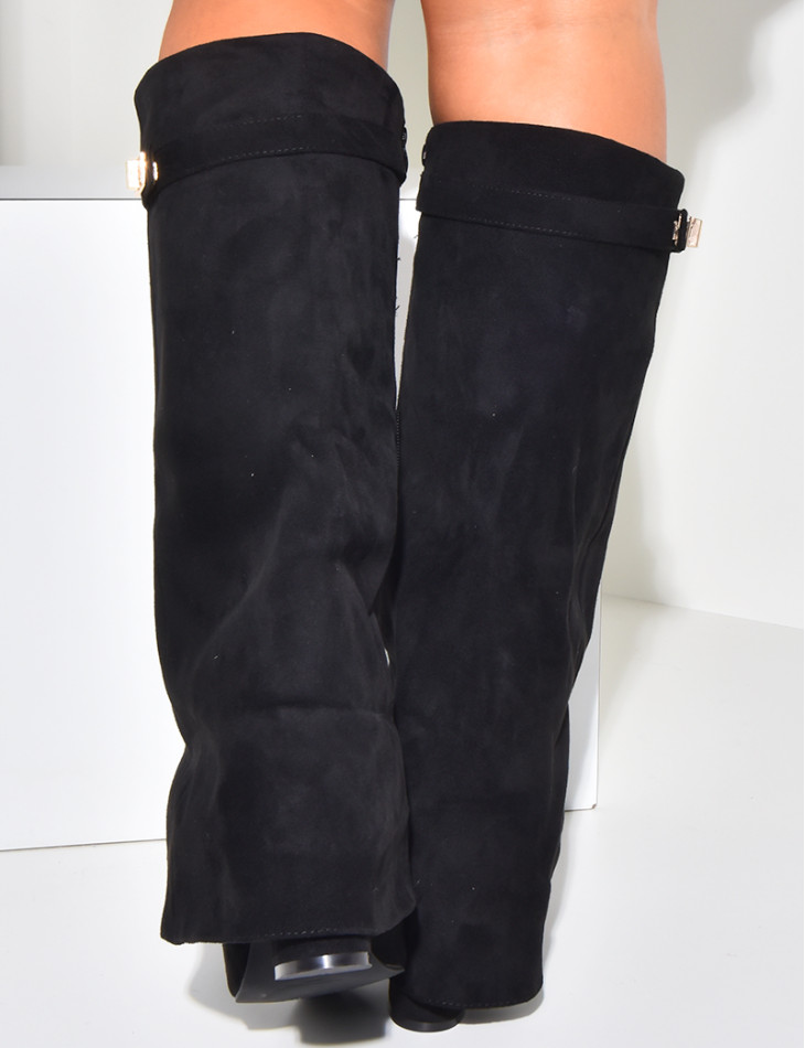 Suedette boots with square heels and flap