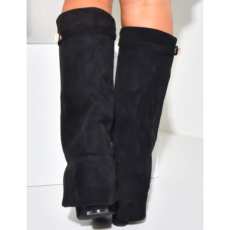 Suedette boots with square heels and flap