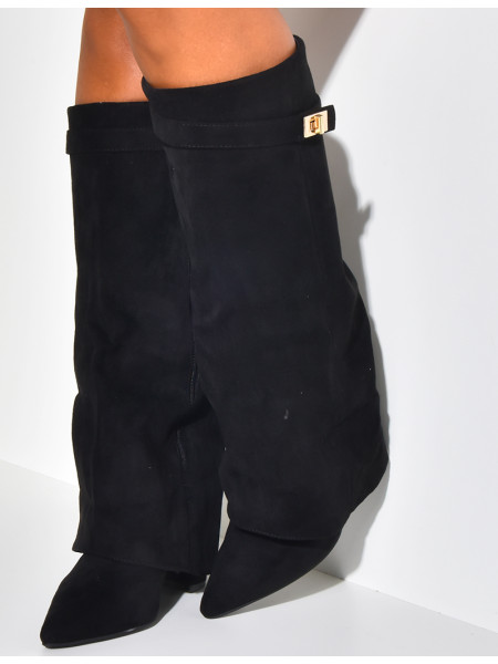 Suedette boots with square heels and flap