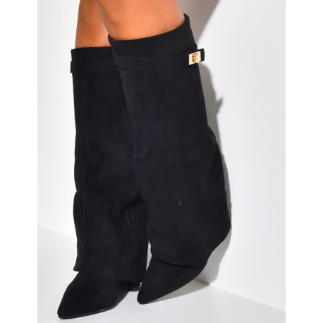Suedette boots with square heels and flap