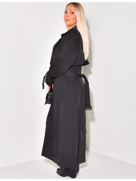 Very long trench coat to tie at the waist