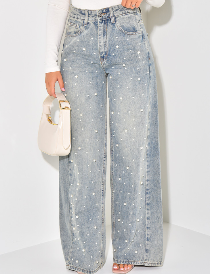 Jeans coupe droite à perles