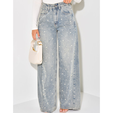 Jeans coupe droite à perles