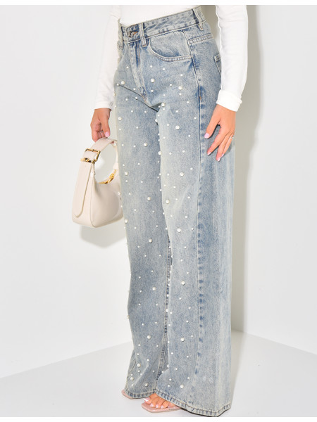 Jeans coupe droite à perles