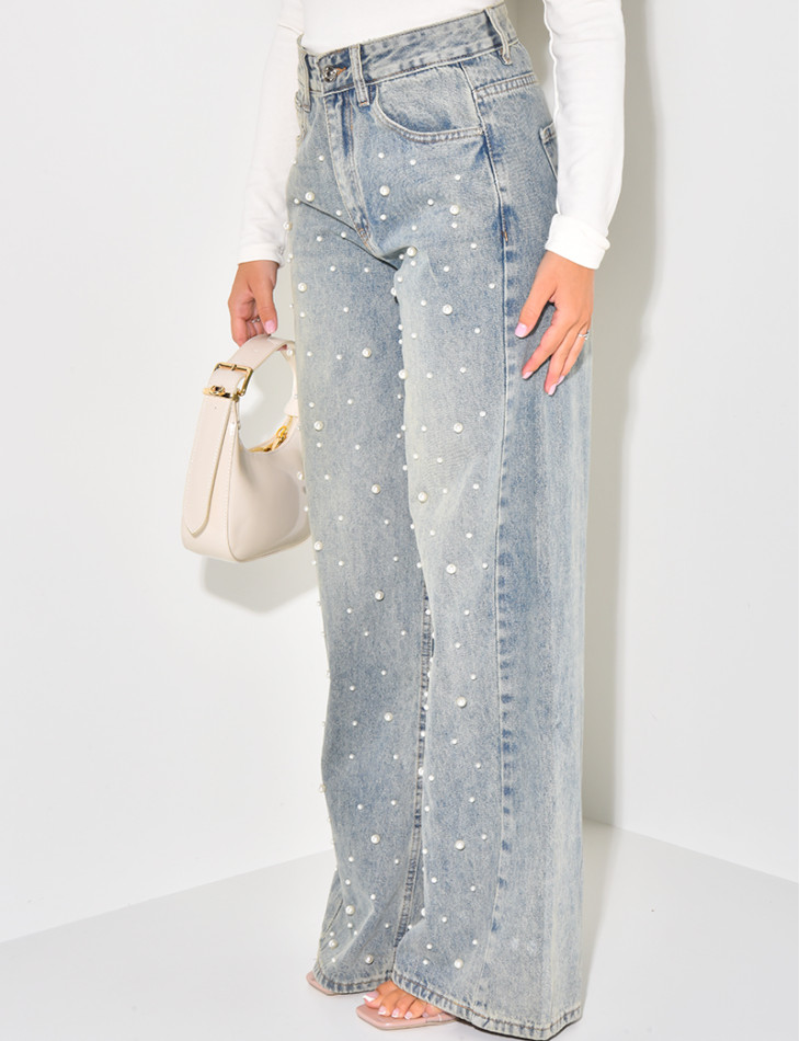 Jeans coupe droite à perles