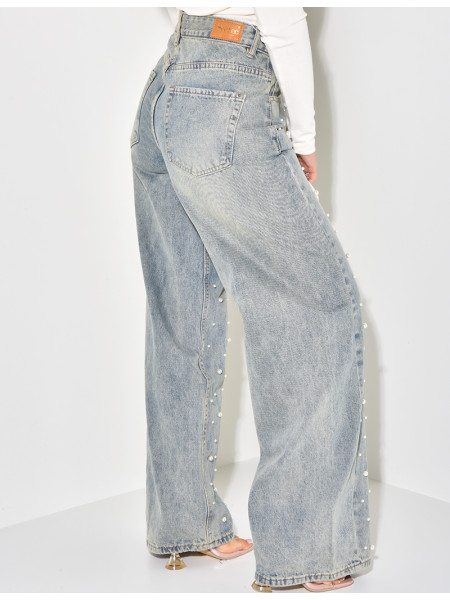 Jeans coupe droite à perles