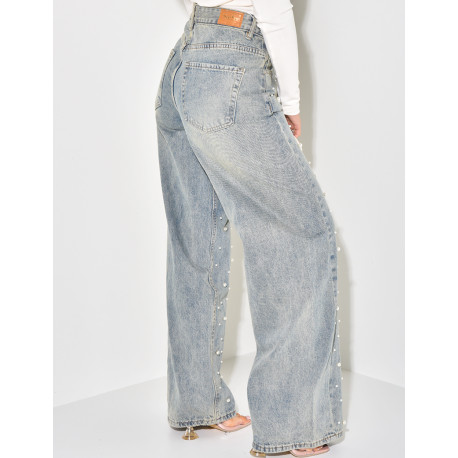 Jeans coupe droite à perles