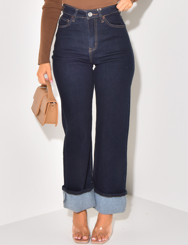 Jeans bleu brut stretchy à revers