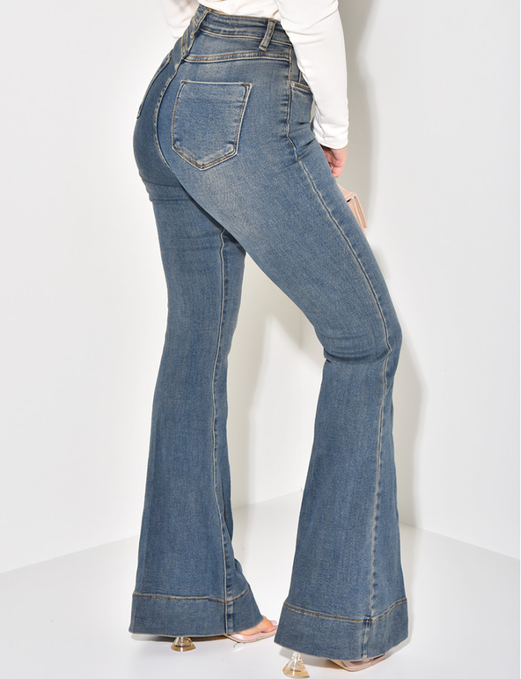 Jeans flare stretchy à délavage vintage