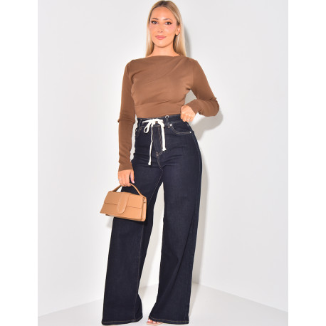 Stretchy high-waisted straight-leg jeans with laces