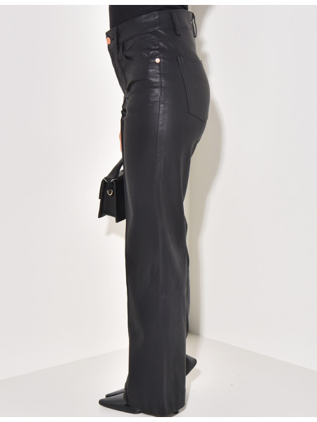Imitation leather straight-leg trousers