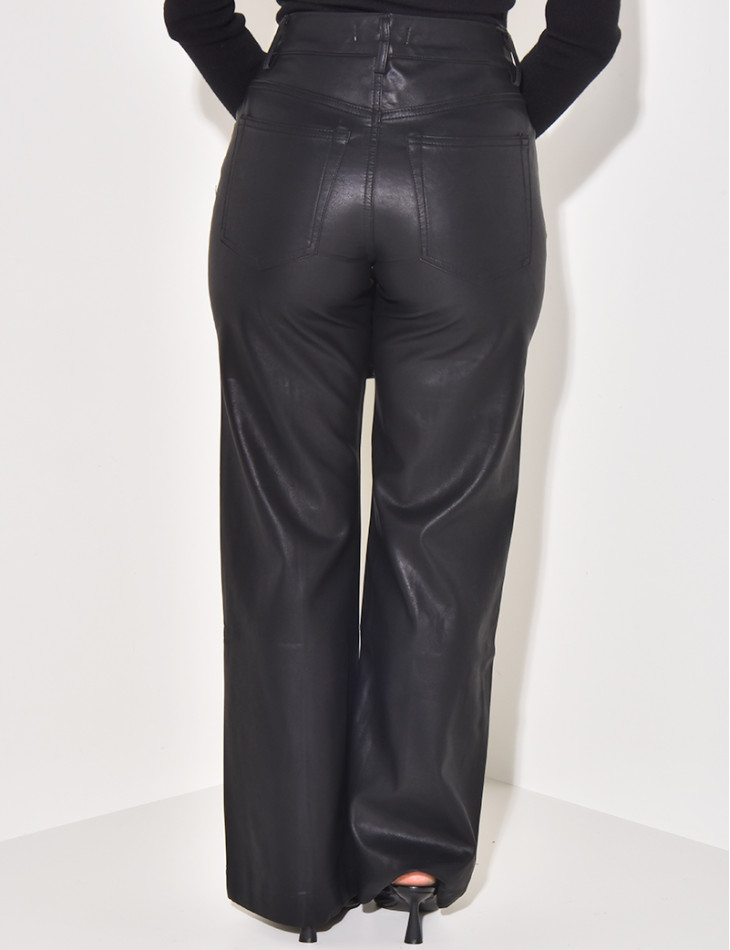 Imitation leather straight-leg trousers