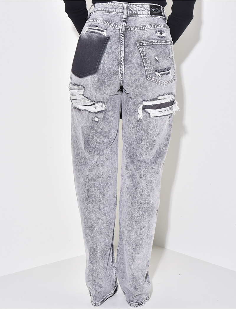 Jeans Déchirés Taille Haute Filles Y2K Baggy Élastique - Denim Casual Ados 5-14 Ans