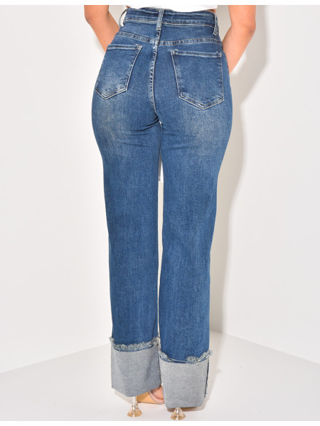Washed stretchy straight-leg jeans with hem