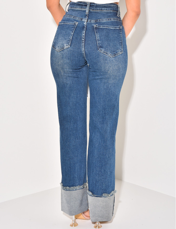 Washed stretchy straight-leg jeans with hem