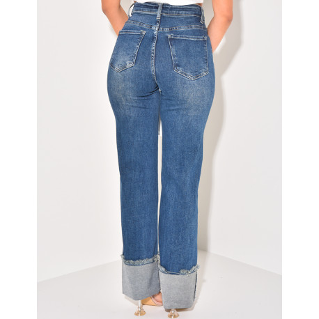 Washed stretchy straight-leg jeans with hem