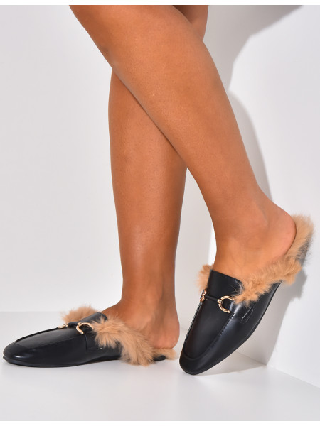 Mocassins ouverts en similicuir et à fourrure