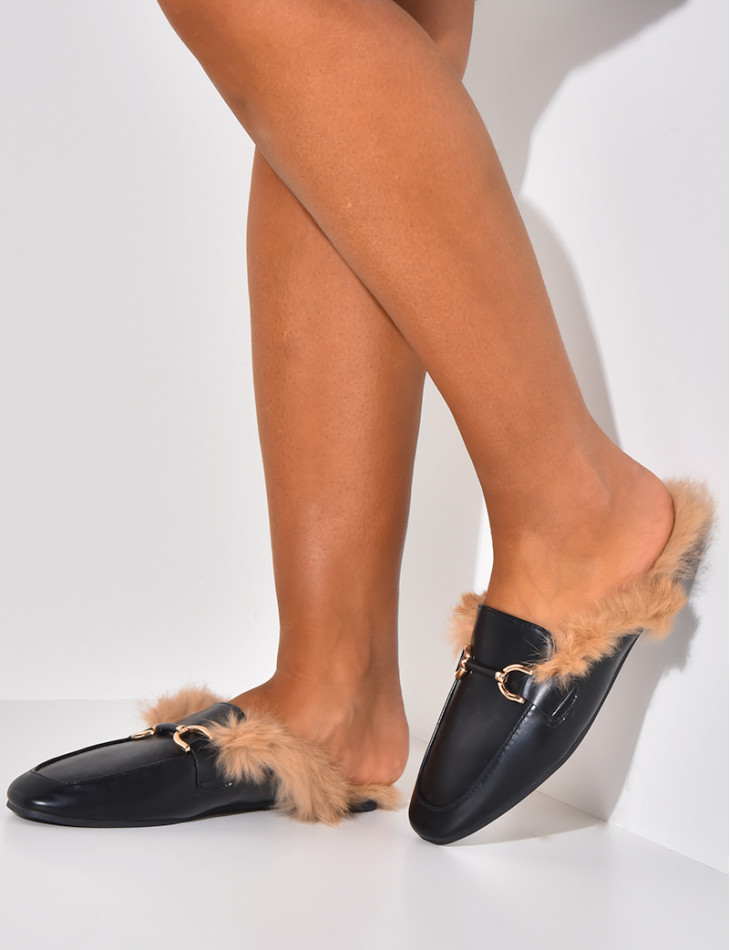 Mocassins ouverts en similicuir et à fourrure