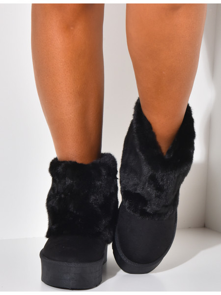 Bottines Femme Fourrées Compensées En Suédine - Bordure Brodée, Intérieur Chaud, Semelle Antidérapante, Hiver