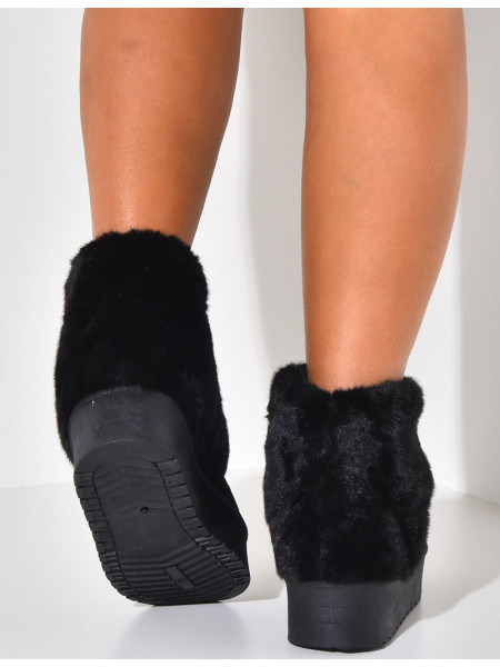 Bottines fourrées compensées à rabat en fourrure