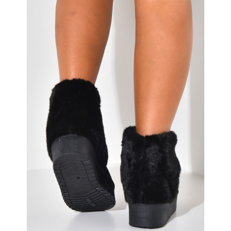 Bottines fourrées compensées à rabat en fourrure