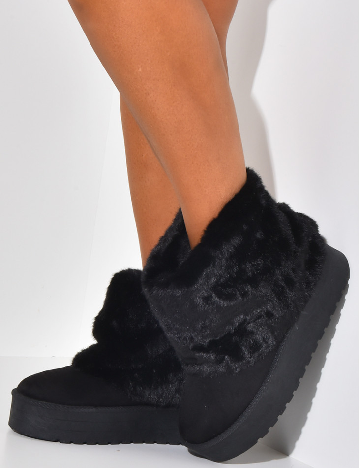 Bottines fourrées compensées à rabat en fourrure