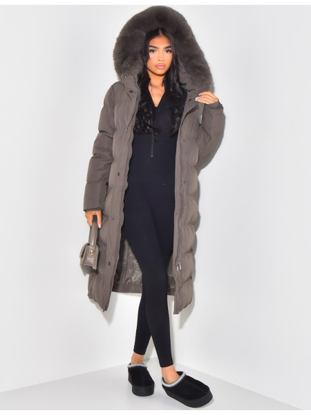Long down jacket with fur hood