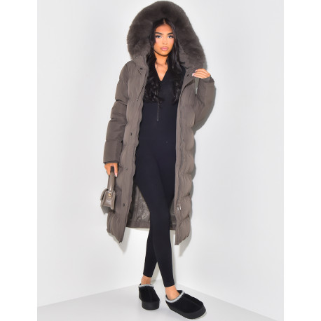 Long down jacket with fur hood