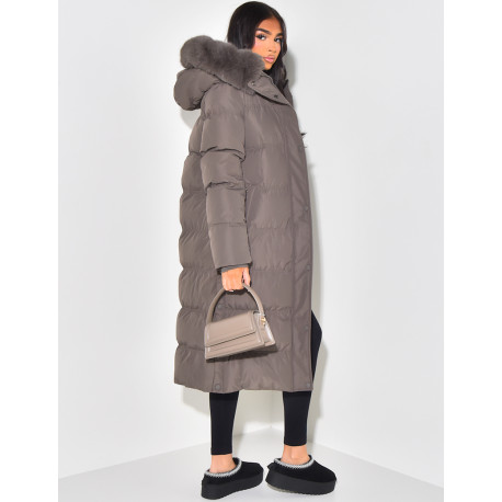 Long down jacket with fur hood