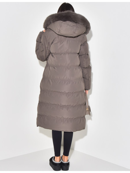 Long down jacket with fur hood