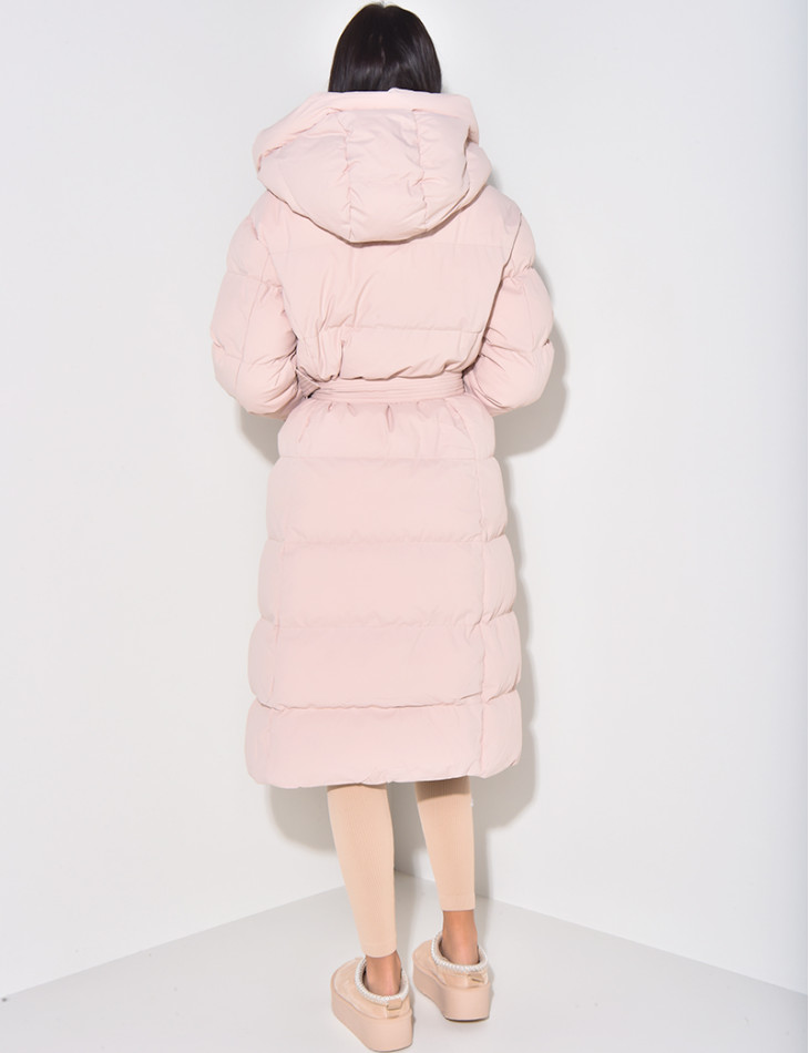 Long quilted down jacket to tie