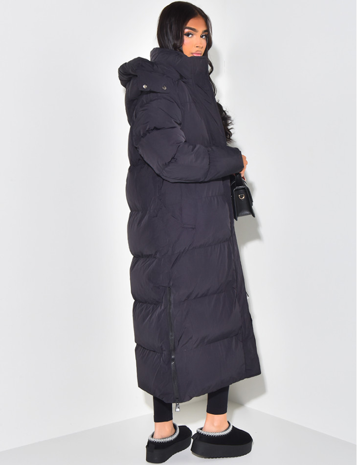 Knee length down coat with hood online