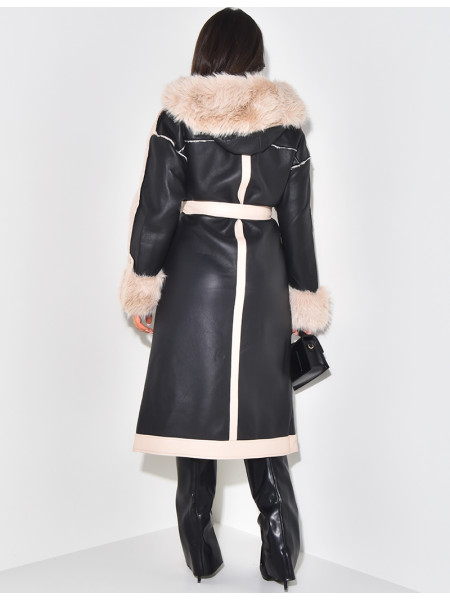 Manteau en similicuir à fourrure et capuche