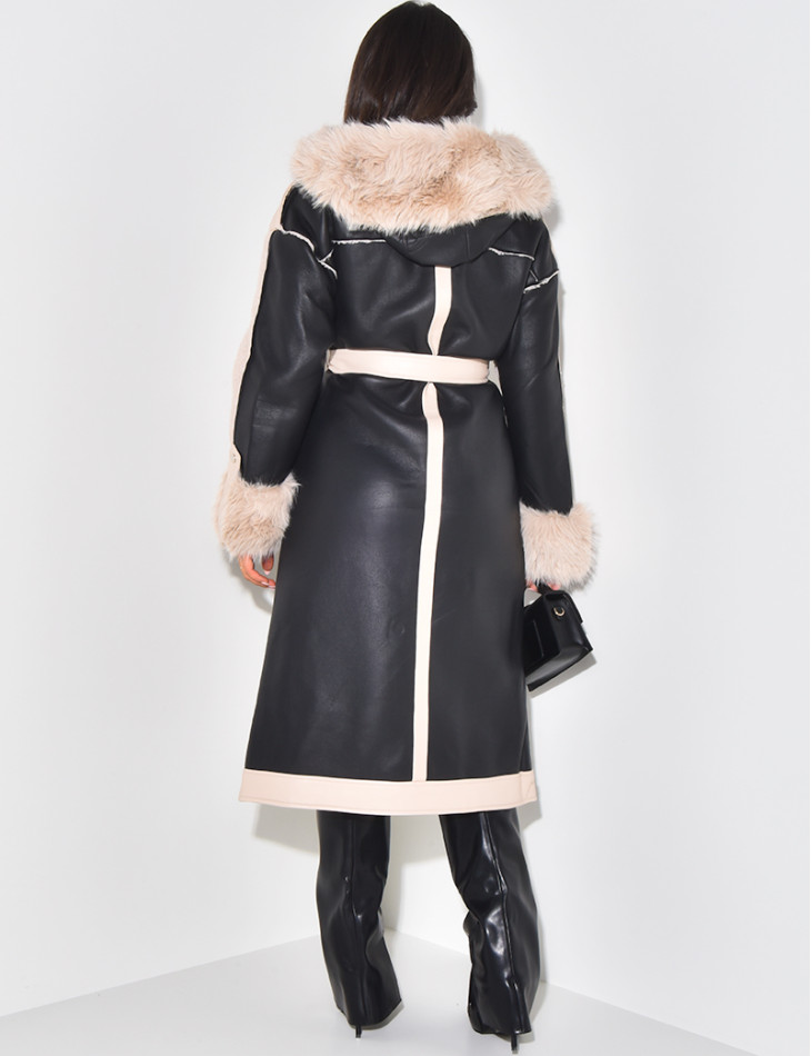 Manteau en similicuir à fourrure et capuche